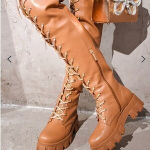 Women's Tall Lace-Up Chunky Sole Boots - Tan/rose gold. New in box size 9